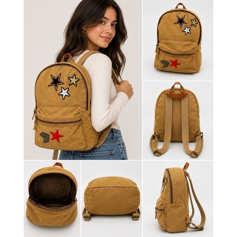 Mossimo Tan Military Small Back Pack Star Patches